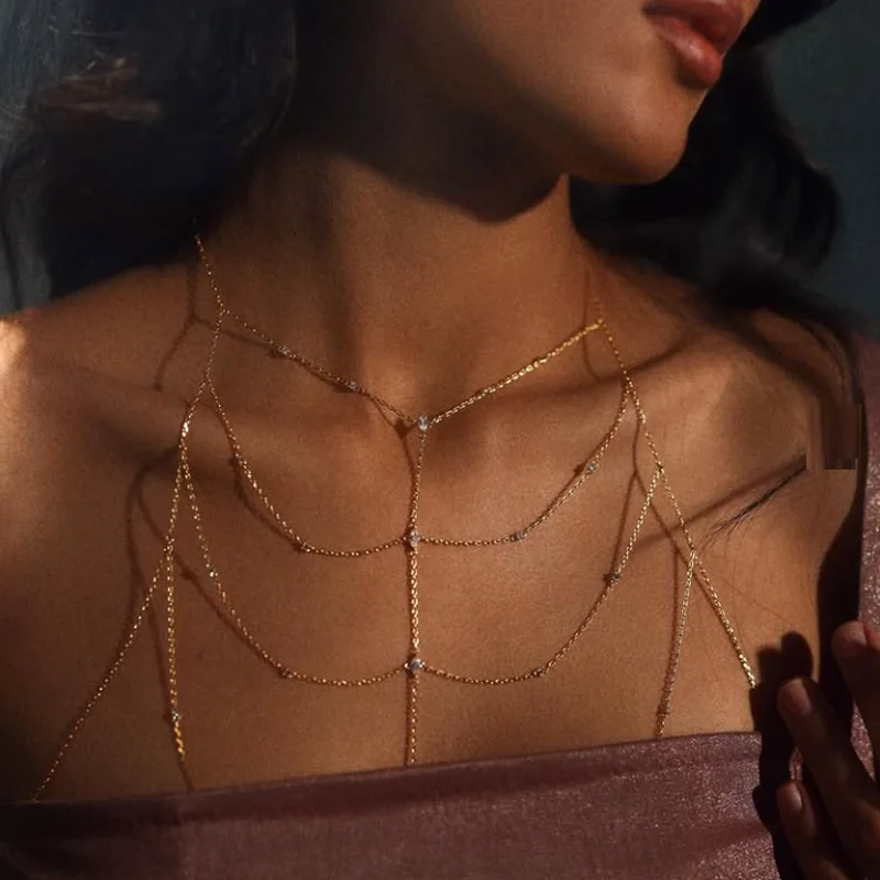 Bling Cubic Zircon Tassel Sexy Beach Body Chain Wedding Accessories Women Cross Brakni Breast Hollow Out Chest Girl Jewelry