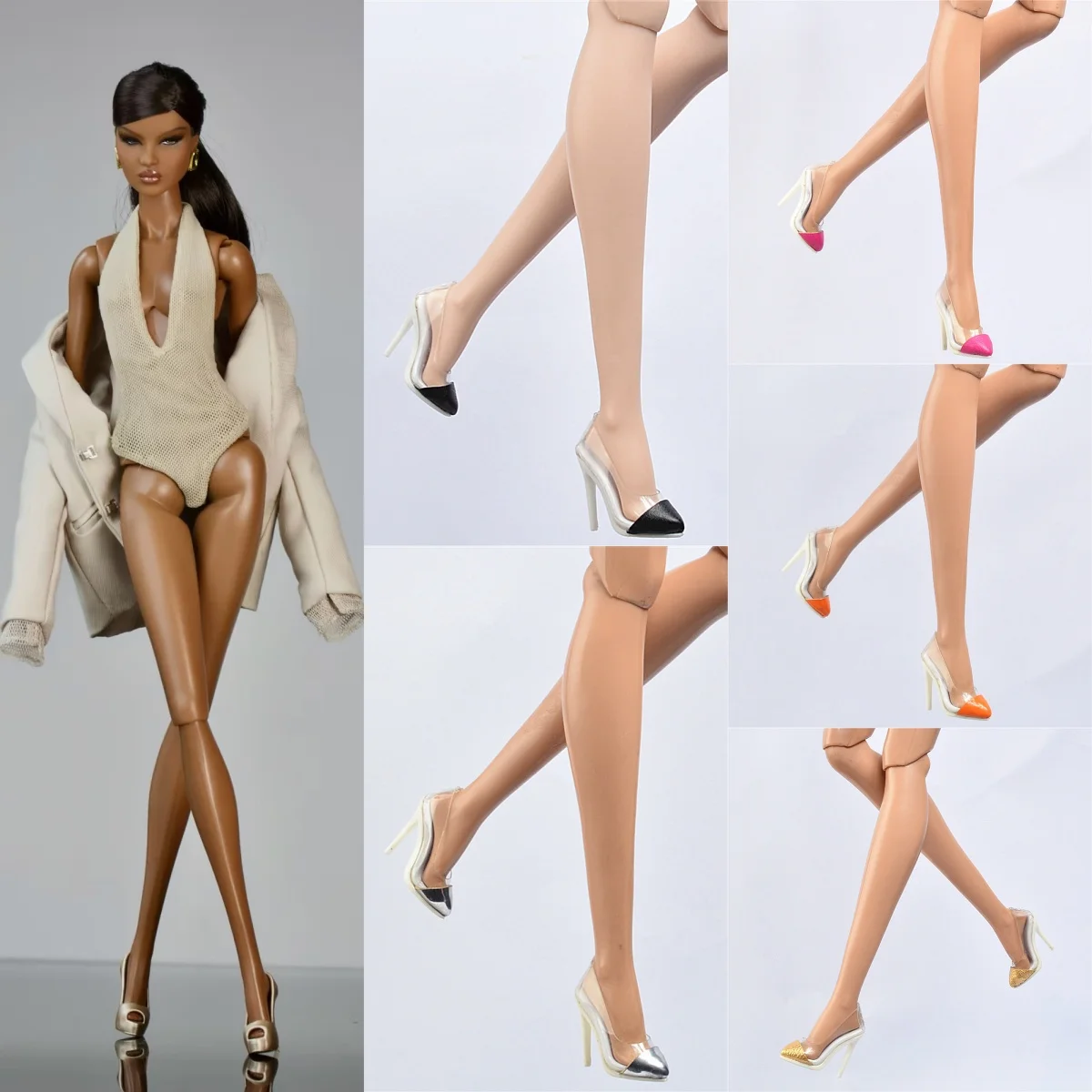 1/6 Doll Shoes Accessories PVC Transparent Panel Pointed Toe Stiletto Pumps Fashion High Heels For FR Nu.face Supermodel Doll