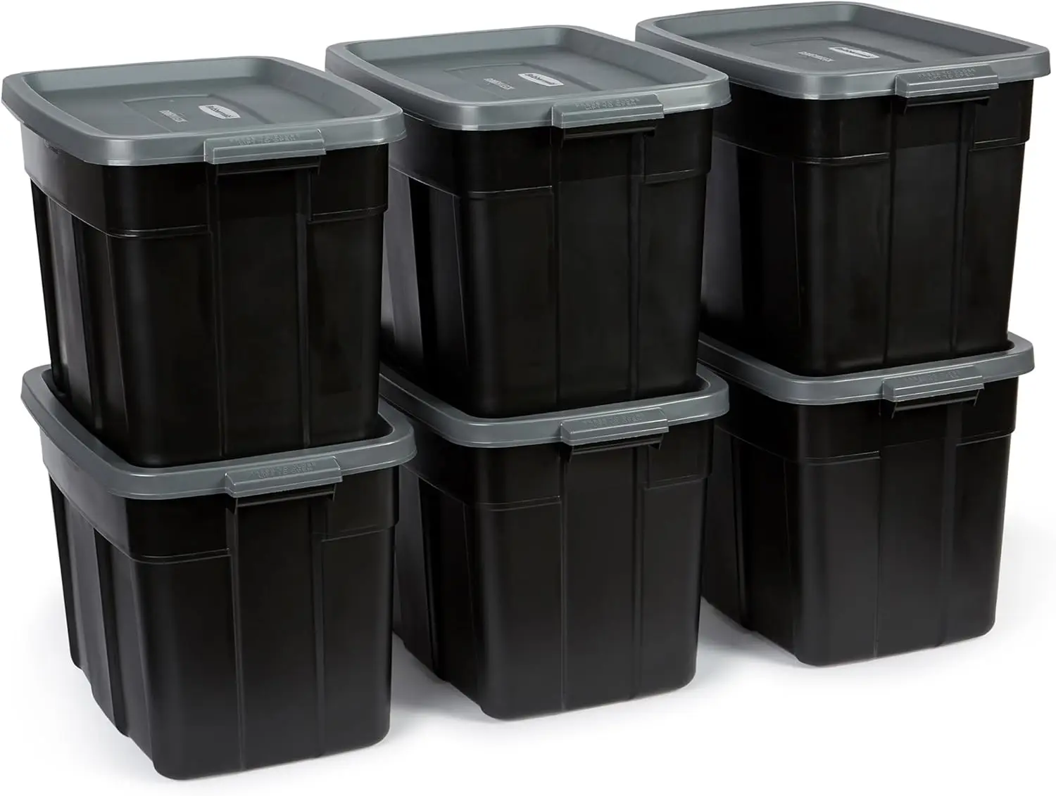 6 Pack, Made in USA, Black & Gray, Rugged Plastic Stackable Storage Bins with Lids and Handles