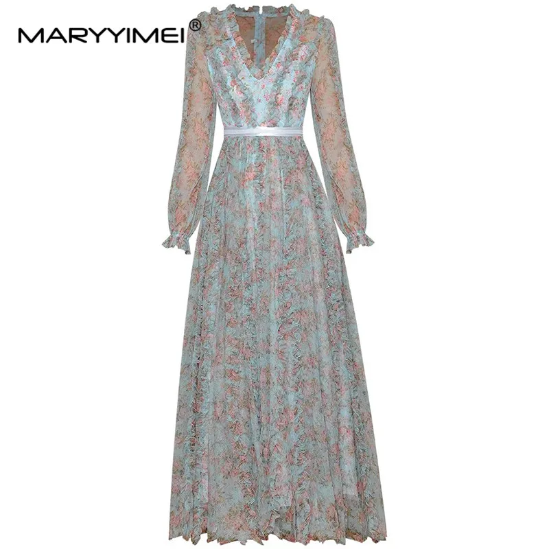 

MARYYIMEI Autumn Women's dress V-neck Lantern Sleeve Wood ear edge Floral-Print Waist up Elegant Party Dresses