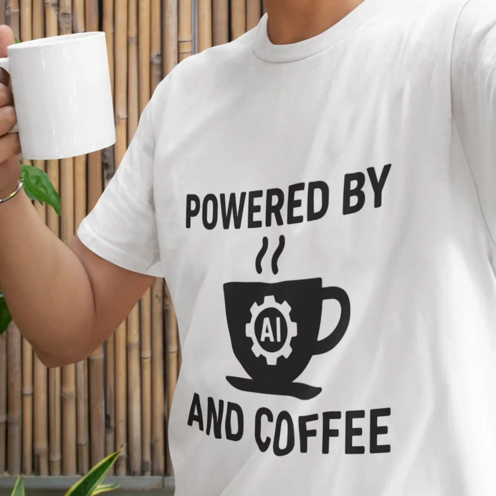 Powered by AI and Coffee Funny T Shirt for Tech Lovers Programmers Enthusiasts Casual Everyday Wear vintage Washed