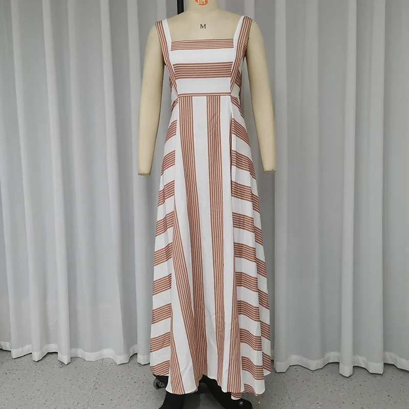 Ellafads Frauen Maxi kleid Sommer lässig Strand ärmellose gestreifte bedruckte quadratische Hals gekniffen Taille rücken freie lange Kleider