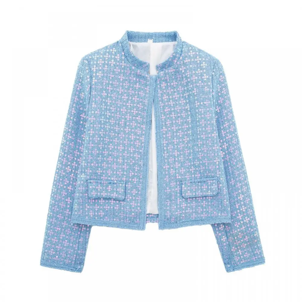 

Women Blue Sequin Decoration Coat with Pockets O-Neck Long Sleeves Female Spring Short Coats Fashion High Street Style Jackets