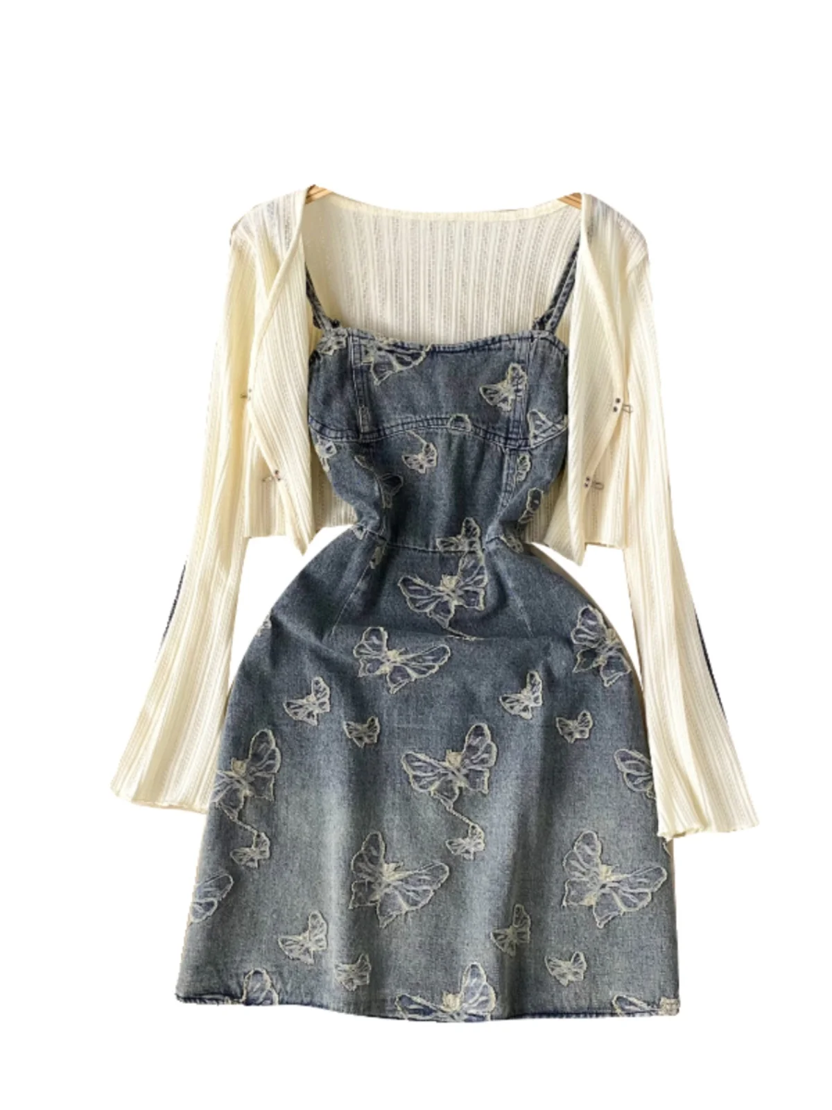 

Summer Women's Denim ter Dr Embroidered Knot Knitted Outerwear oulder awl Coat Faionable Ensemble