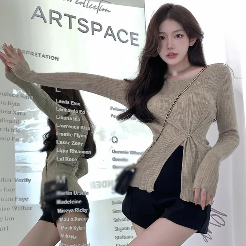 Autumn Winter Women\'s Knitwear Design Sense Tight Waist Elegant Off-Shoulder Top Base Shirt Long Sleeve Solid All-Match Blouse