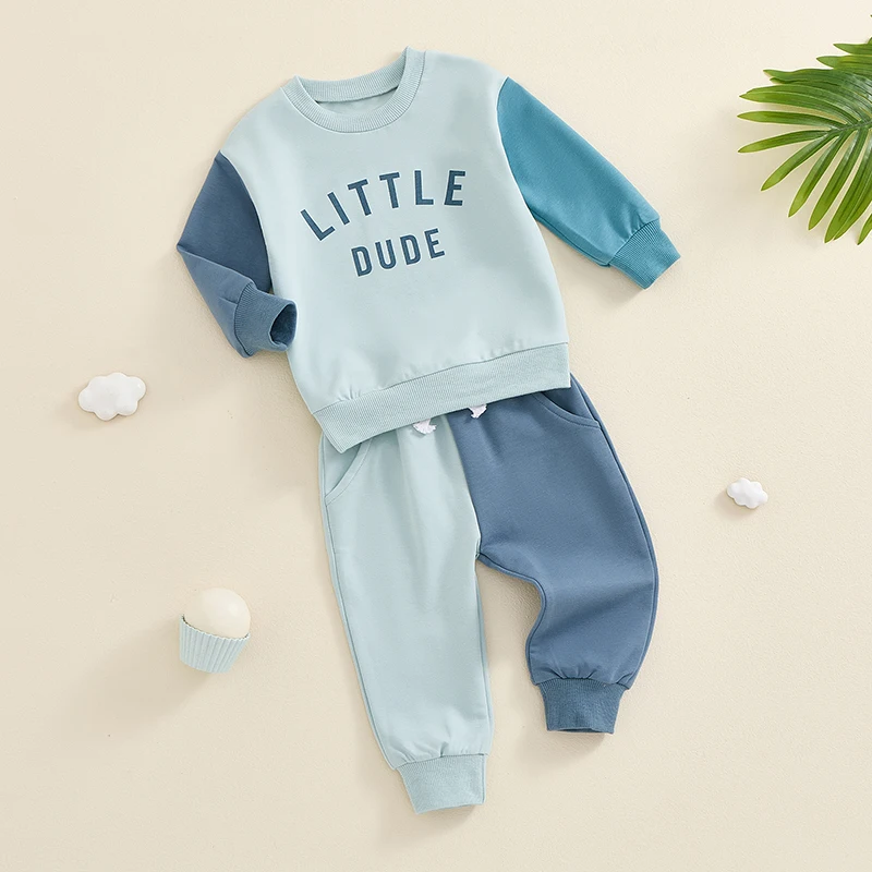 Baby Boy Contrast Outfit Letter Print Long Sleeve Sweatshirt Elastic Waist Pants with Pockets 2 Piece Set for Fall