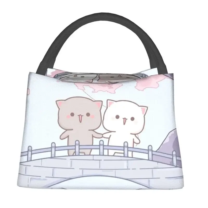 Romantic Peach And Goma Mochi Cat Thermal Insulated Lunch Bag Women Resuable Lunch Tote for Outdoor Picnic Storage Meal Food Box