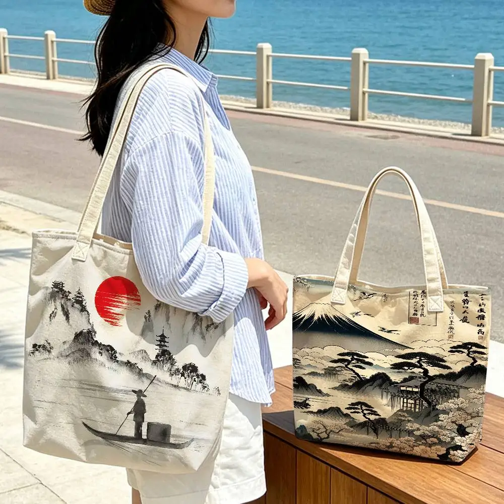 Japanese Cherry Blossoms & Mt. Fuji Pattern Tote Bag Large Capacity Shoulder Bag Women's Casual Handbag For Work School Shopping