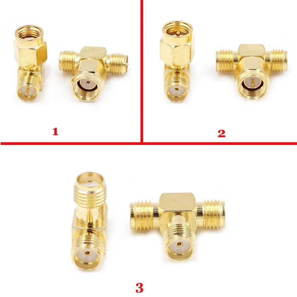 T Type SMA Male Plug to 2 Dual  SMA Female  RF Coaxial Connector 3 Way Splitter Antenna Converter Gold-Plated Brass