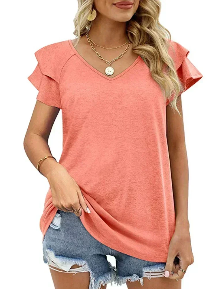 Camisetas de manga corta con cuello en V y volantes para mujer, tops sueltos informales para el verano