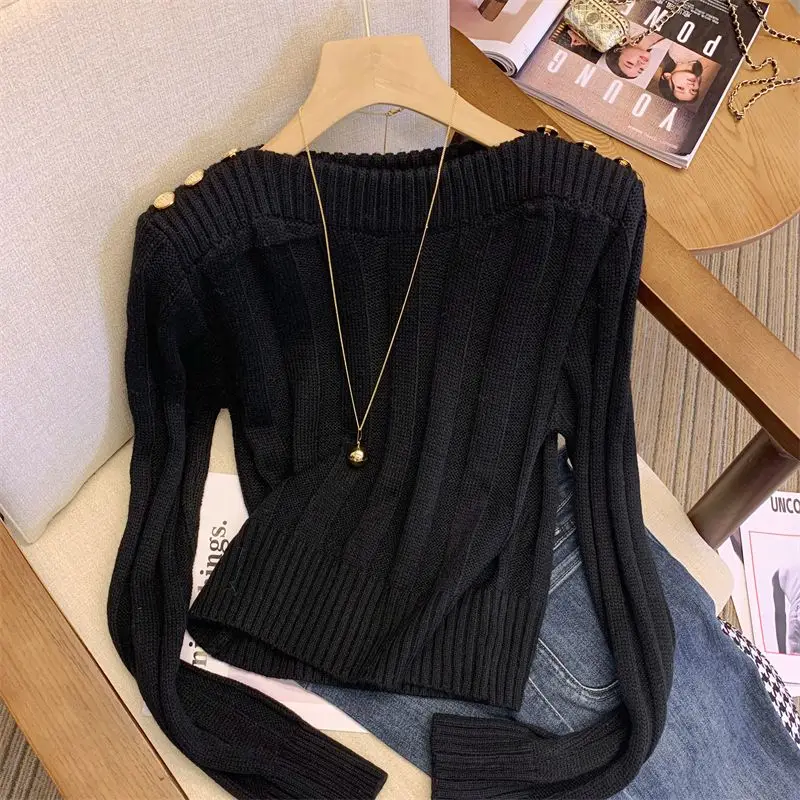 Simplicity Office Lady Autumn Sweaters Women\'s Solid O-Neck Shoulder Buckle Fashion Casual Long Sleeve Pullovers Knitted Tops