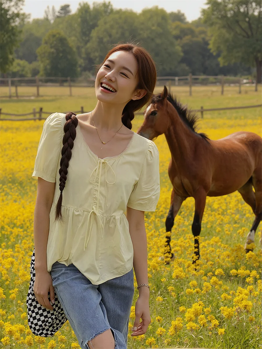 Blusas femininas doce cor sólida algodão moda feminina coreano manga longa estilo curto outono topos oversized formal túnica festa