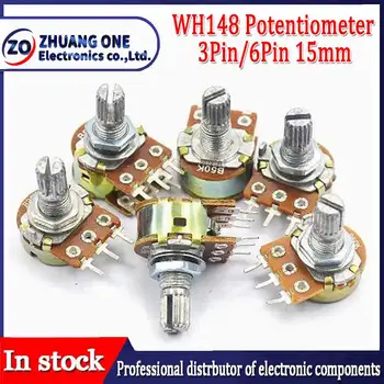 1pcs WH148 3pin 6pin 15mm B1K B2K B5K B10K B20K B50K B100K B250K B500K B1M Potenciômetro 1K 2K 5K 10K 20K 50K 100K 250K 500K 1M
