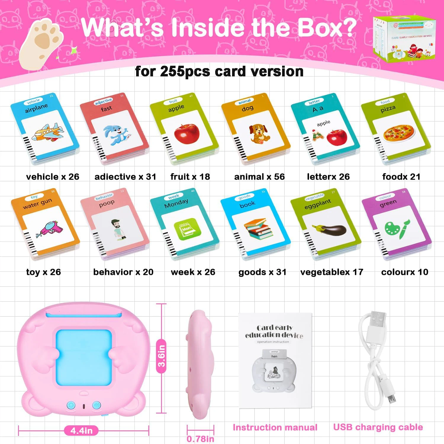 Máquina de cartões flash falantes para crianças, desenvolvimento de idiomas montessori, brinquedo educacional precoce com sons de áudio