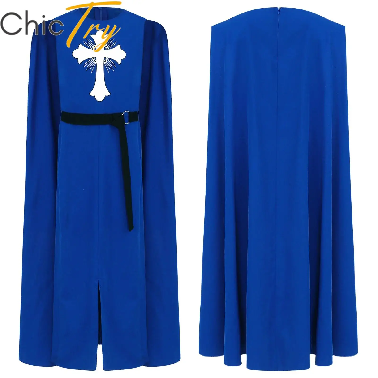 

Medieval Knight Costume Halloween Dress Up Robe for Kids Boys with Cape Belt Cross Print Pattern Seamed Themed Party Role Play