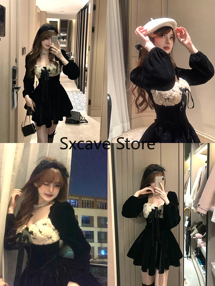 2023 Winter French Fashion Short Party Dress Women Casual Long Sleeve Elegant Sweet Black Velvet Dress One Piece Dress Korean