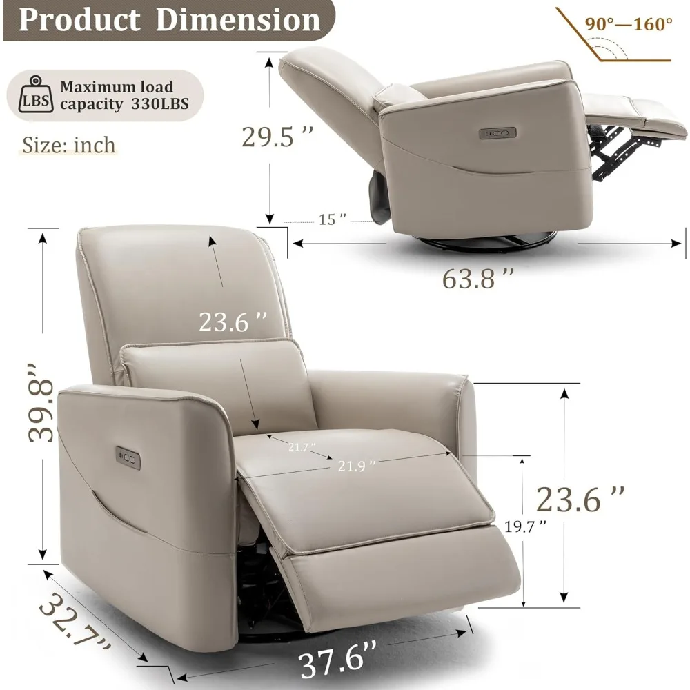 Nursery Glider Recliner Chair, Power Rocker Swivel Recliner , Electric Reclining for Adults with Streamlined Side Pocket