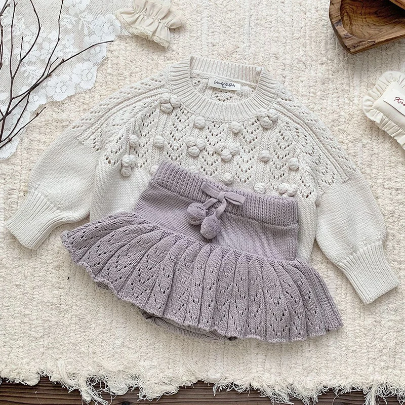 Autum Winter Baby Sweater Handmade ball Knitted Baby Girl Clothes Hollow Round Neck Kids Toddler Girl Pullover Baby Outerwear