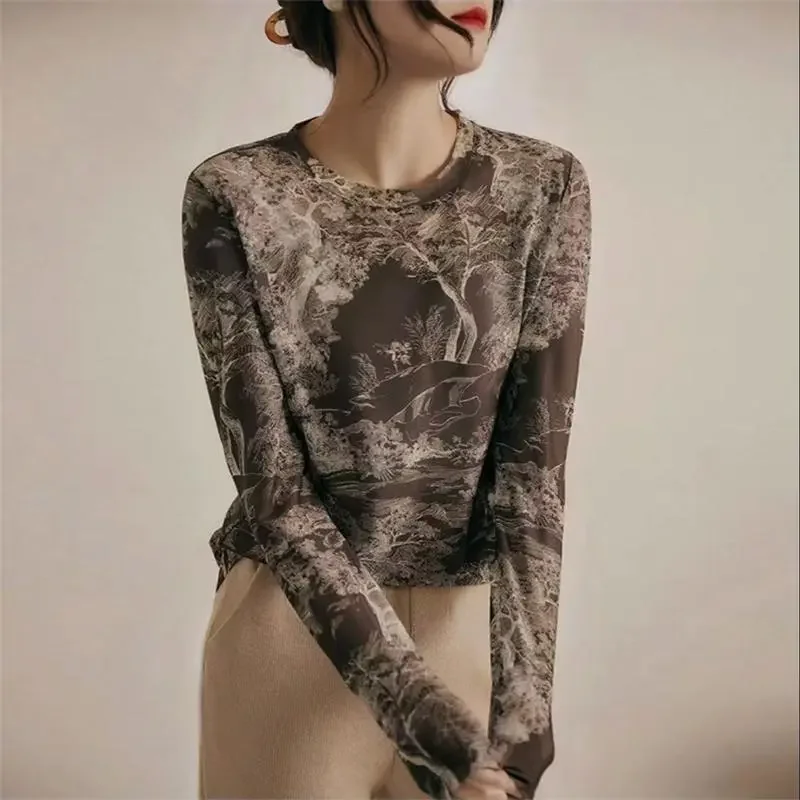 Slim Round Neck Double Layer Mesh New Printed Top Fashionable Temperament T-shirt Foreign Style Bottoming Shirt for Women