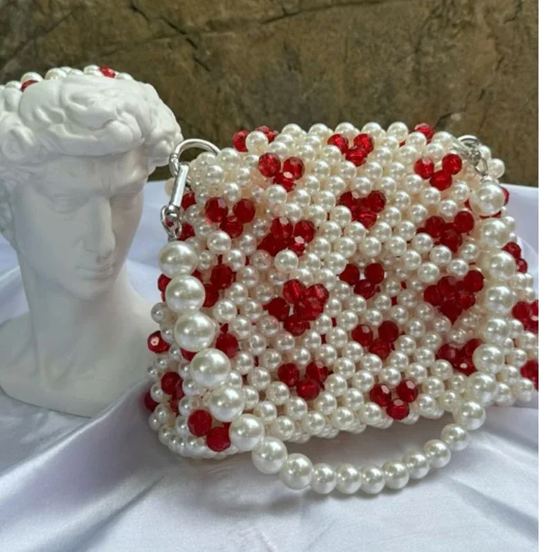 

Exquisite Pearl Luxury Party Banquet Dress Handbag Ins Red Love Design Compact Handheld Wallet Customizable Fashion Women's Bag