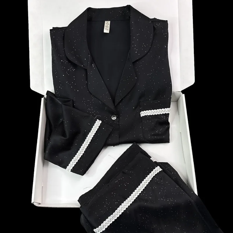 

26 Elegant Spring Autumn Large-size Ice Silk Pajamas Women 2piece Set Fashion Luxury Long Sleeve Pants Nightgown Sleepwear