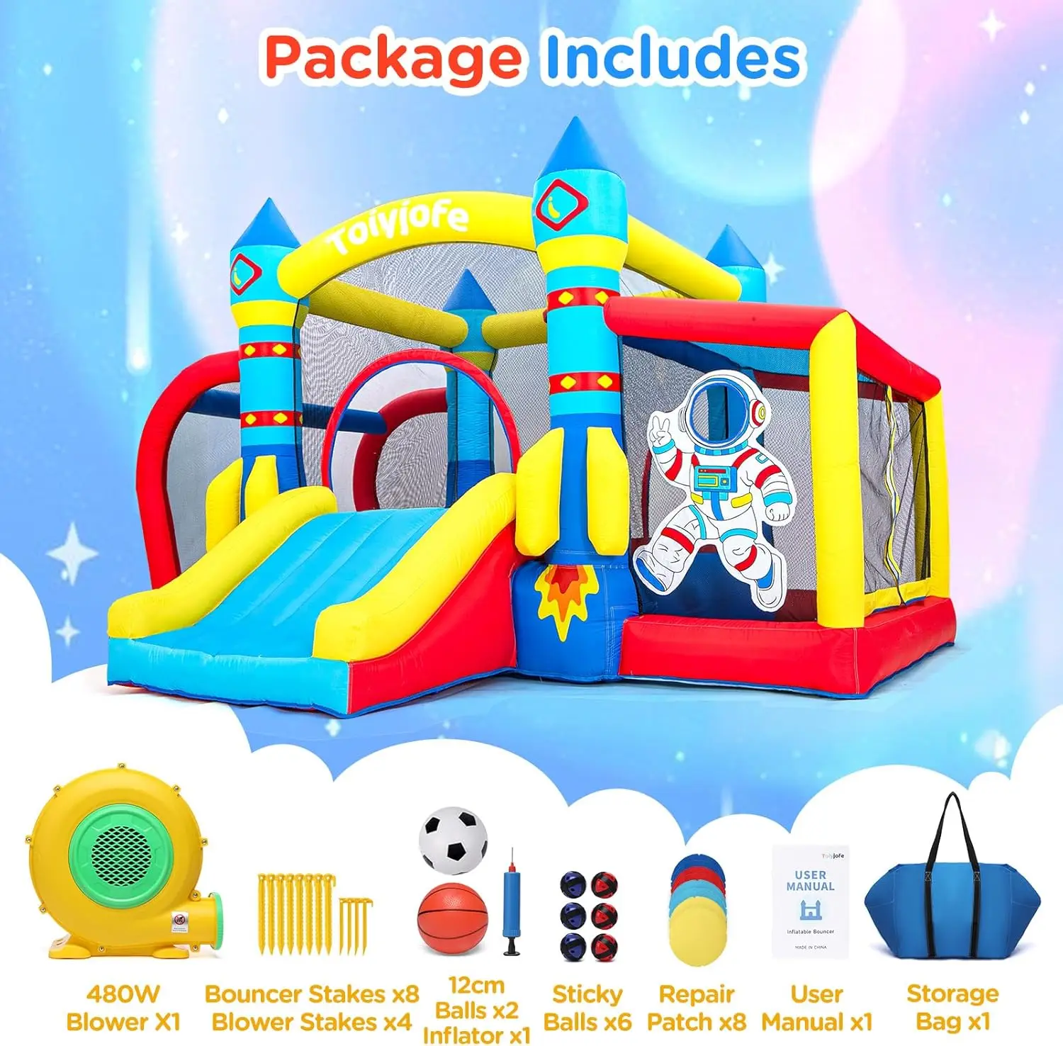 Space Adventure Bounce House, 7-in-1 raket astronaut thema opblaasbaar kasteel met glijbaan, luchtblazer, ballenbak, binnen buiten B