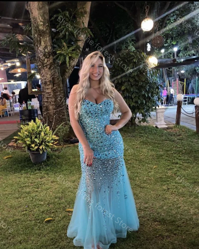 Abiti da sera blu lucidi Perline glitterate Paillettes Abiti da ballo senza maniche da donna Abiti da cerimonia nuziale personalizzati con strascico sexy