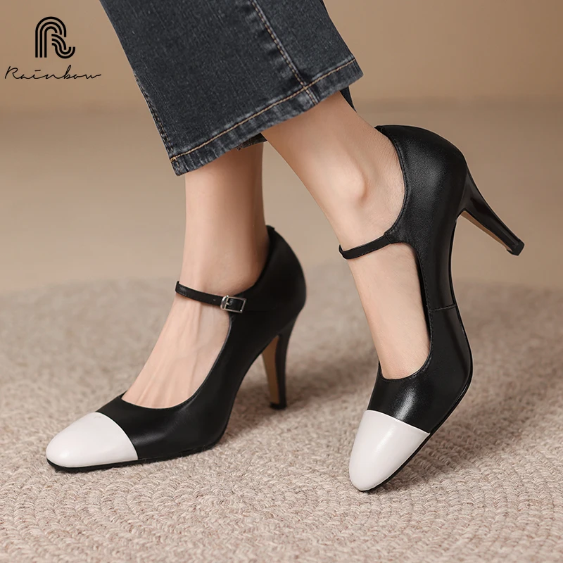 

RAINBOW size 33-40 New spring autumnGenuine Leather Buckle Shoes for Lady High Heels Mixed Colors Female Pumps Front Strap Women