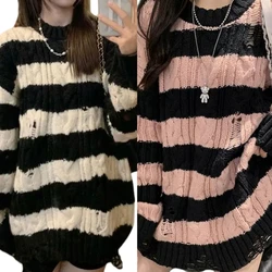 Women Long Sleeve O-Neck Jumper Top Ripped Hole Knit Striped Loose Sweater Dress