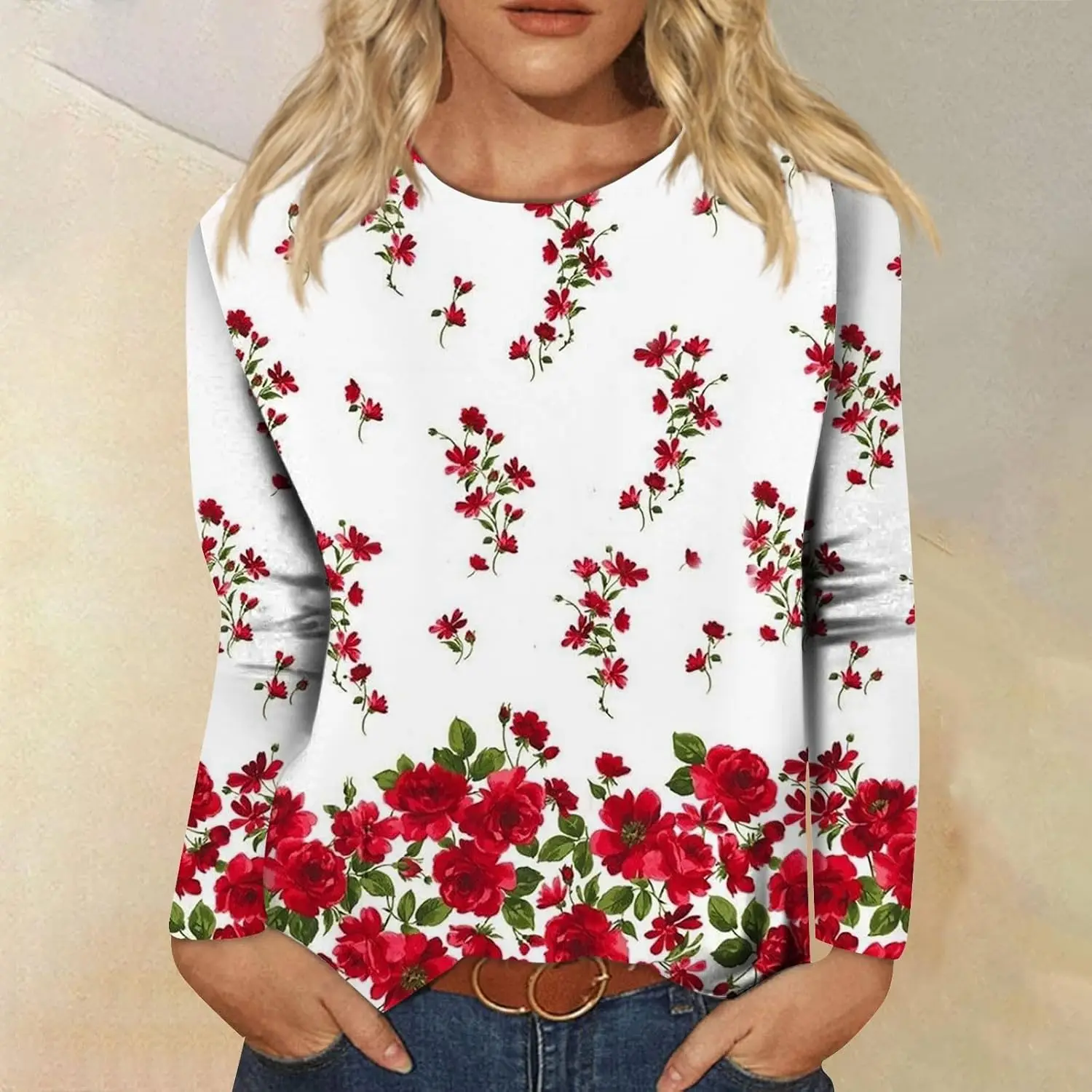 

Basic T Shirts for Women Long Sleeve Fall Fashion 2025 Casual O-Neck T-Shirts Cute Flower Printed Basic Tee Tunic Tops Blouse