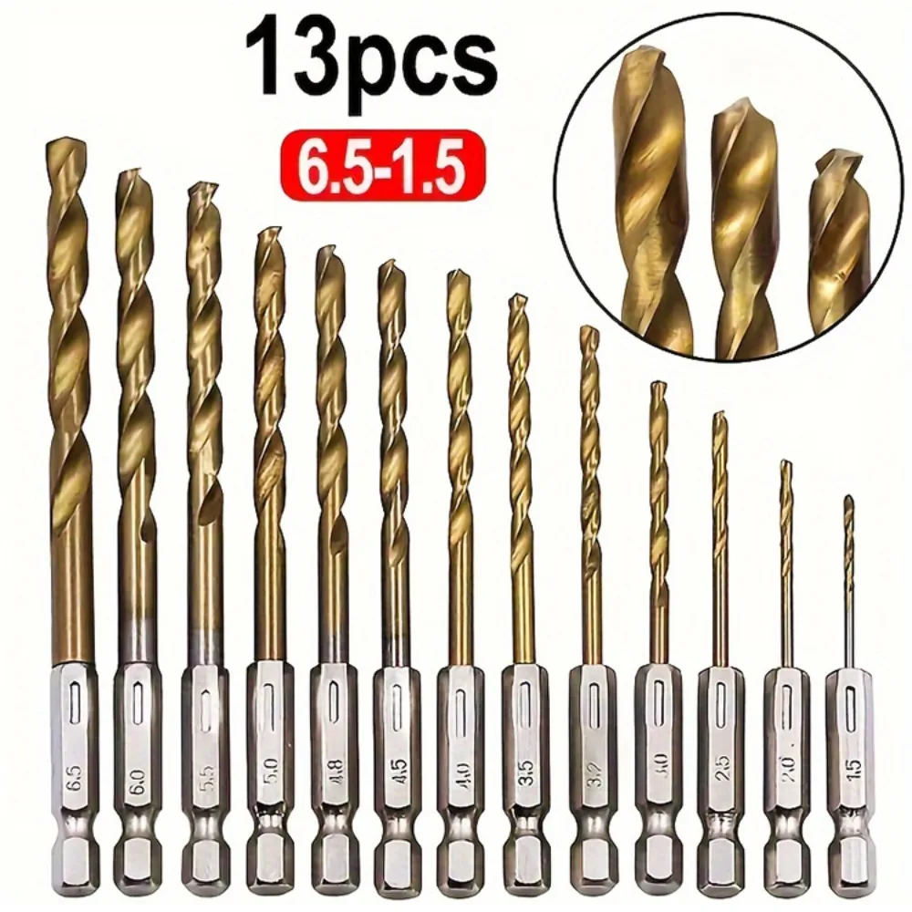 Portable Titanium Twist Drill Bit 1.5-6.5mm Hex Shank Reaming Drill Bit Power Tool Multi-function Woodworking Drill Bit