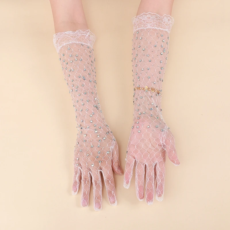 Luvas longas na moda para mulheres, malha brilhante, diamante, fio sexy, strass, acessórios de Halloween, casamento, festa noturna