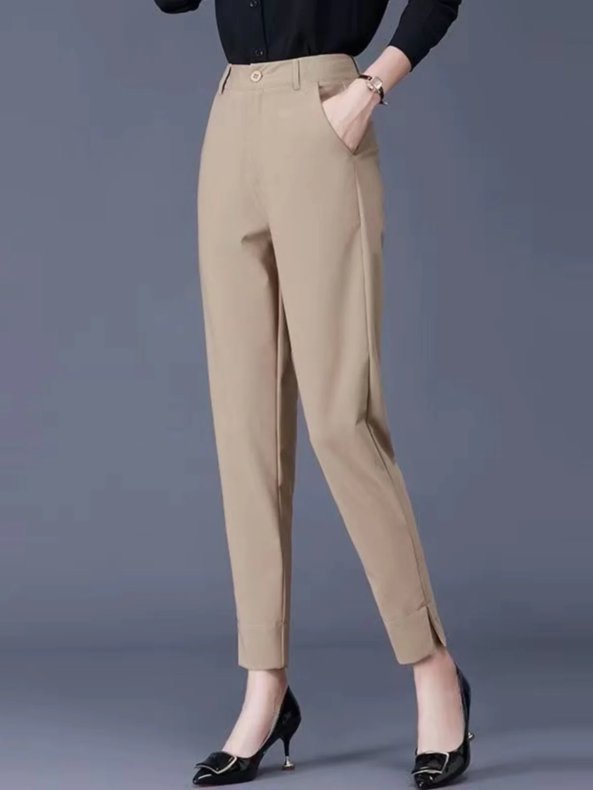 Casual Slimming Nine-Piece Women's Pants Spring Summer Autumn New Style Apricot Color High Waist PU Fabric Fashionable Trousers