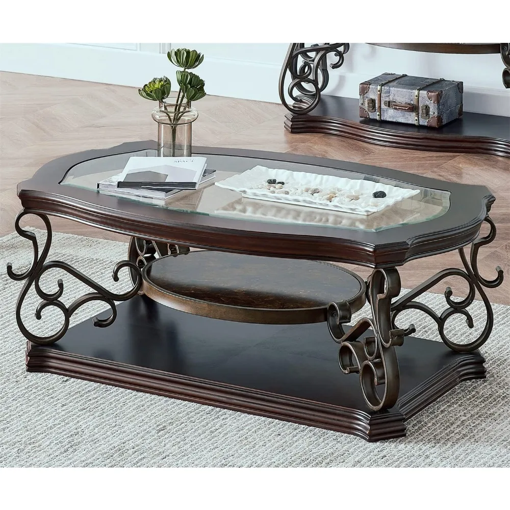 2-Tier Brown Vintage Wooden Coffee Table for Living Room Retro Glass Tea Table Top Carved Flower Shaped Table Legs Small Space