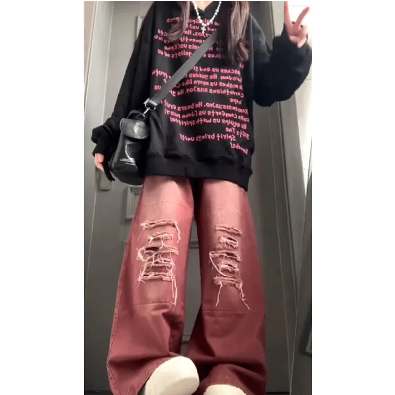 Red Jeans Women Y2K Hip Hop Fashion Vintage Ripped High Waisted Cargo Jeans Streetwear Casual Loose Pockets Wide Leg Denim Pants