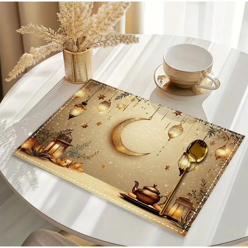 1PC Happy Ramadan Lantern and Moon Pattern Placemats, Table Decorations, Holiday Party Arrangements