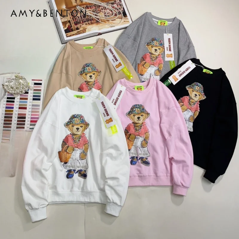 

Fall 2024 New Korean Style Black Sweatshirt Casual Handmade Beaded Cartoon Bear Printed Round Neck Long Sleeved Hoodie For Women