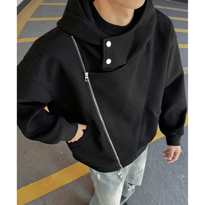 Autumn Men's Double Zipper Hooded Cardigan Jacket Irregular Deconstructed Design American Streetwear Heavyweight Long Sleeve
