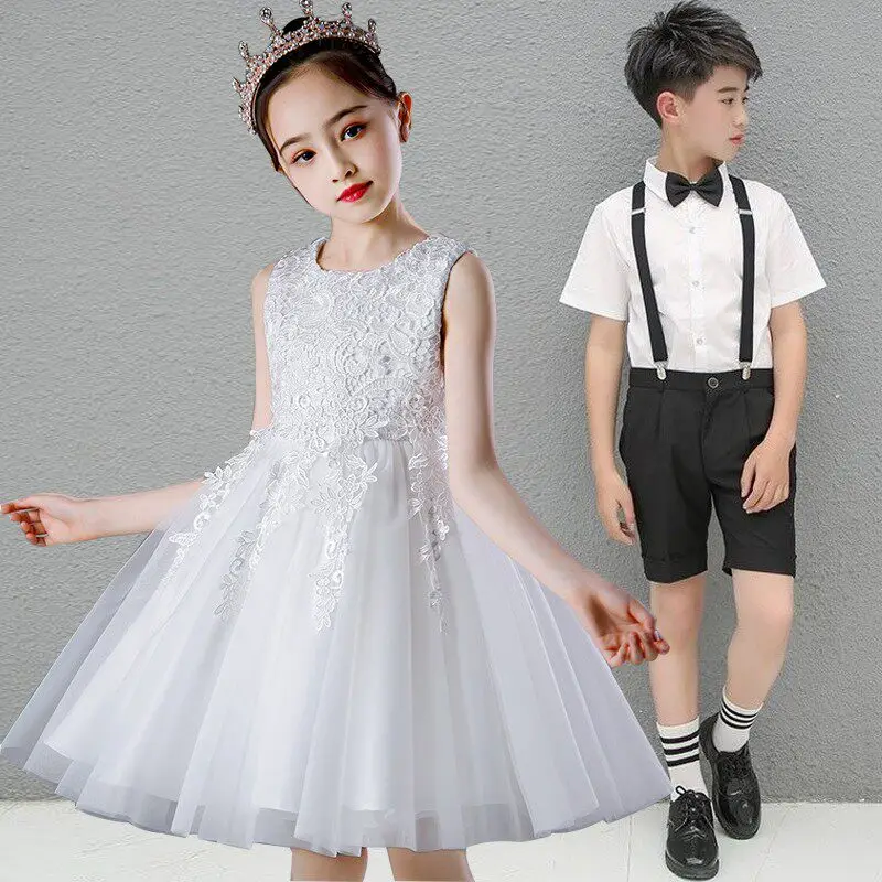 Vestido Infantil de Coro Elegante Branco com Renda, Vestido de Dama de Honra Sem Mangas em Tule, Vestido de Princesa para Festa de Casamento e Concurs