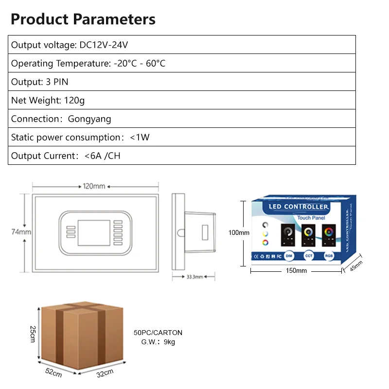 LED Smart Controller RF 433MHz Wireless Controller CCTRGB 12V-24V 6A for Mounted Wall Home decoration LED Touch Panel Controlle