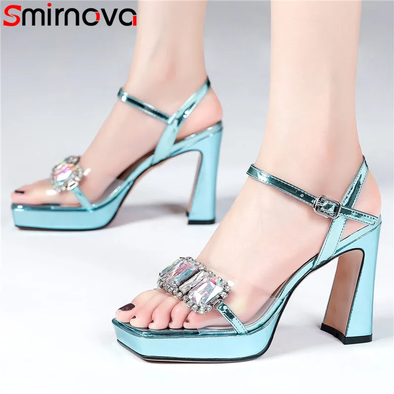 

Smirnova 2023 New Rhinestone Patent Leather Women Sandals Ladies Summer Buckle Sandals Thick High Heels Slingbacks Sandals