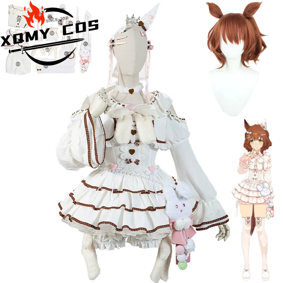 

XqGame Umamusume: Pretty Derby Aston Machan Косплей Костюм Белое платье принцессы Юбка Лолиты Парик Женский сексуальный костюм для дня рождения