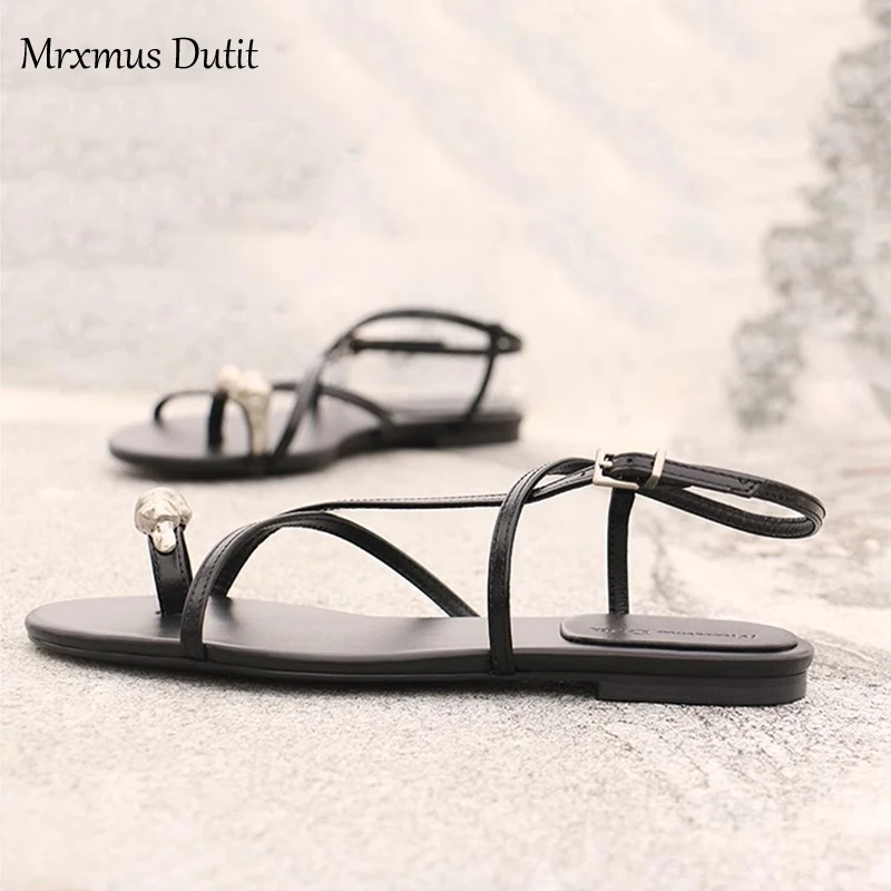 Mrxmus Dutit 2024 Summer New Women Shoes Simple Fashionable Metal Decorative Cross Strap Casual Flat Shoes Open Toe Sandals