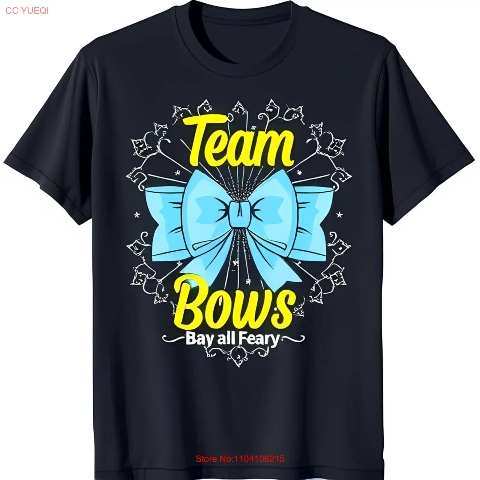 Team Bows Black T-Shirt with Light Blue Bow & White Dotted Circle Design