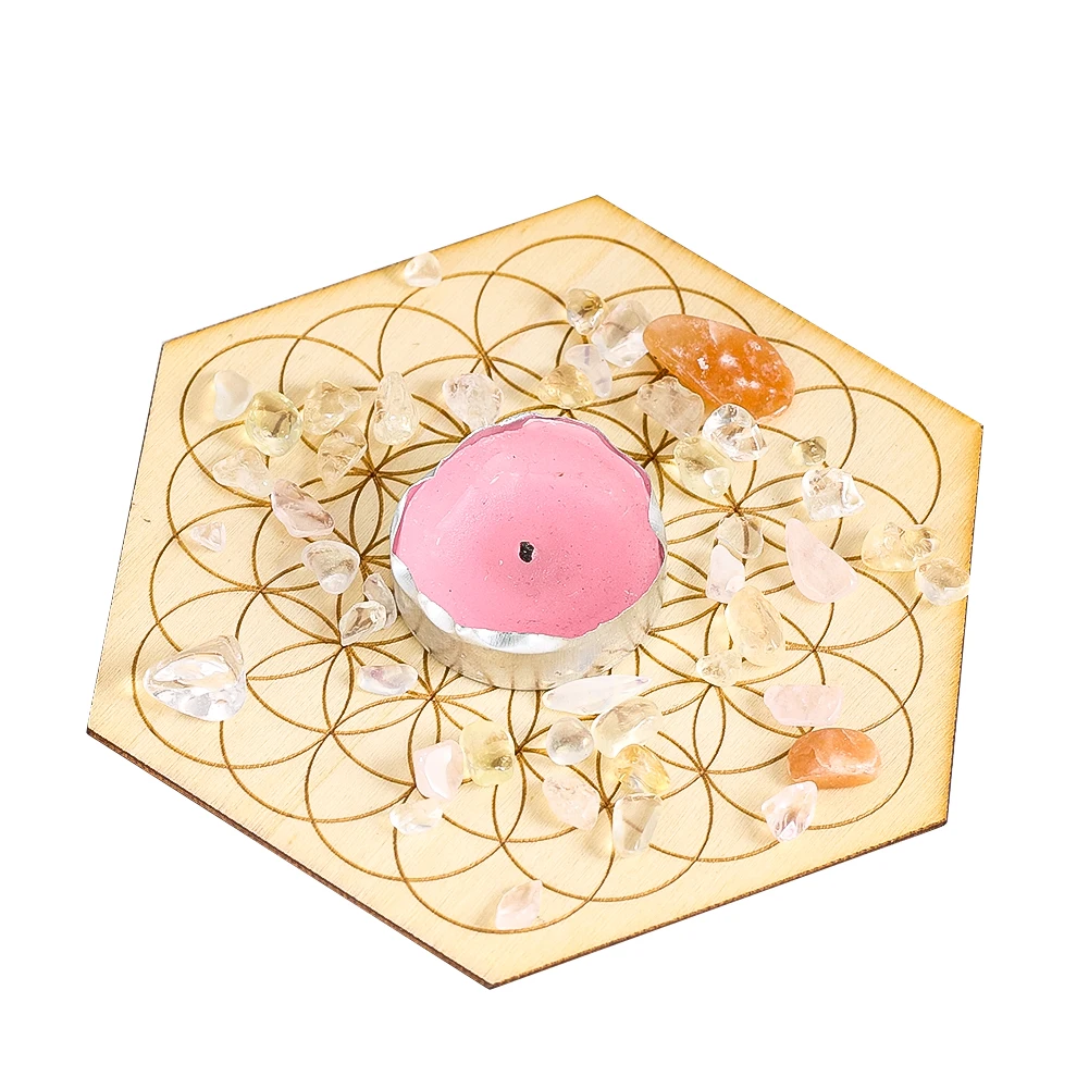 Hexagon Circle Pattern Flower of Life Wooden Decorative Panel Healing Energy Stone Meditation Board Thermal Insulation Coaster