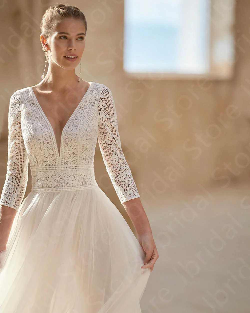 مخصص للبيع فساتين الزفاف الكلاسيكية الدانتيل 2025 زي العرائس الخامس الرقبة فساتين العروس 3/4 الأكمام فساتين الزفاف الصيف