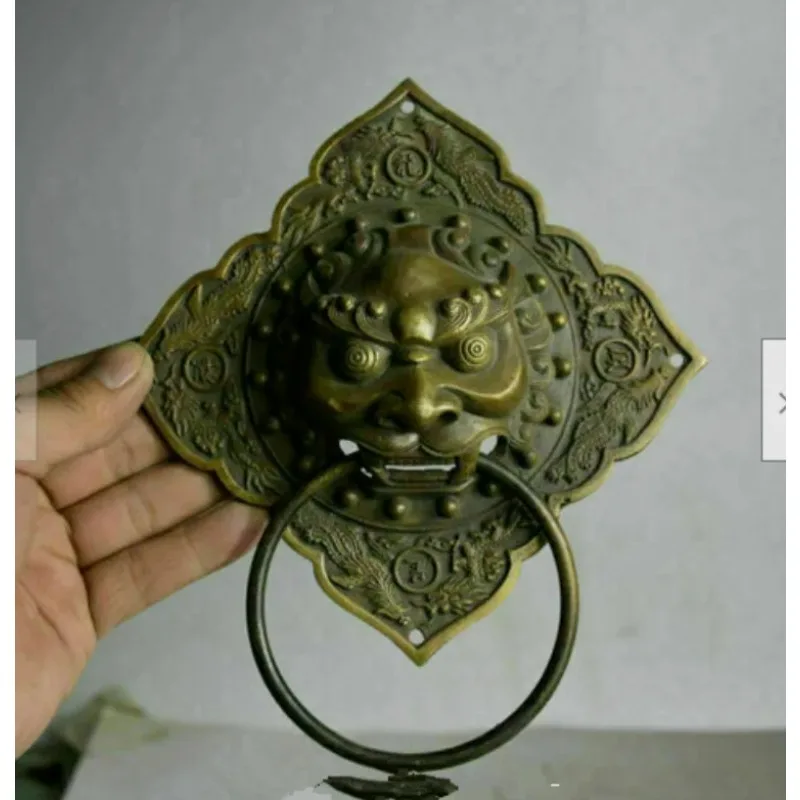 16CM Folk Old Chinese Bronze Feng Shui Foo Dog lion Head Ring Door knocker
