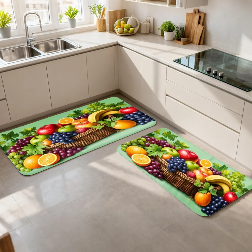 3PCS Mat Set,  Home Decoration for Front Door, Kitchen,  Fruit Basket With Grapes Oranges Apples Bananas And Leaves Kitchen Rug.