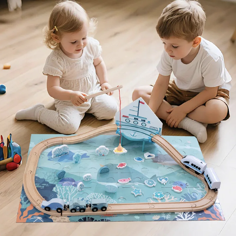 Children Toy Diy Wooden Puzzle Ocean Theme Miniature Railway Train Building Blocks Set Constructor Montessori Board Games Gift