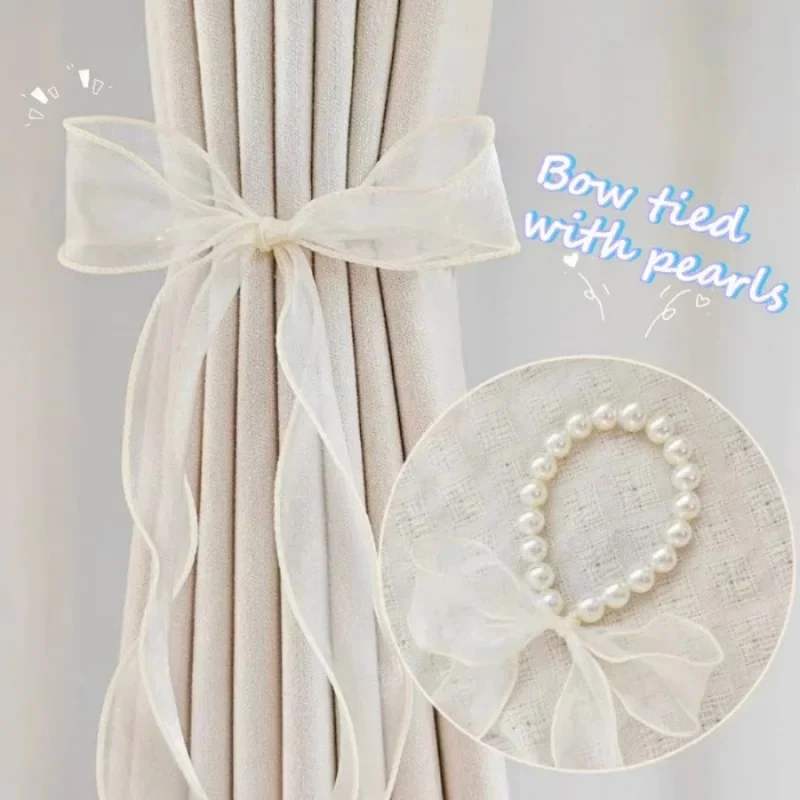 1/2pcs Pearl Bow Curtain Tieback Elegant Organza Bow Curtain Tie Back Beaded Curtain Holdback for Home Store Decor Pendant